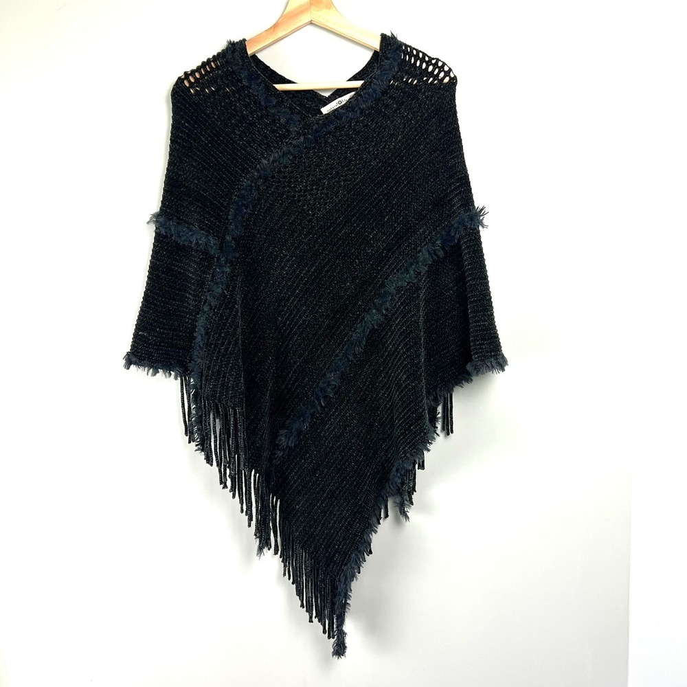 Natural Life Womens Gray Chenille Knit Fringe Poncho One Size Cozy Shabby Chic